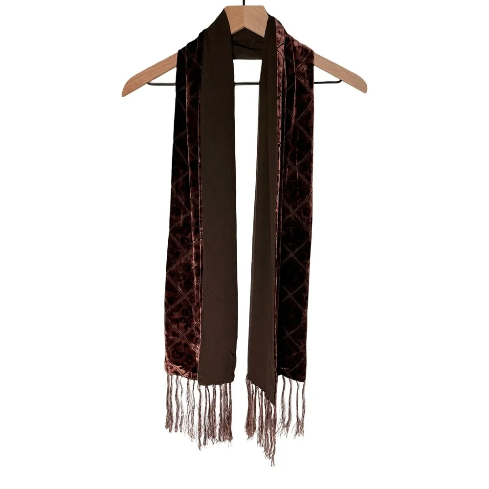 Velvet Burnout Leopard Scarf Brown Fringe Sheer‎ Overlay Wrap
